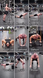 47K views · 179 reactions | Push-up variations! © - @alex_lueth Here are some push-up variations you can add to your routine. Beginner 1) Incline push-ups 2) Kneeling push-ups 3) Eccentric to kneeling push-ups Intermediate 4) Push-ups 5) Diamond push-ups 6) Deficit push-ups Advanced 7) Decline push-ups 8) Pike push-ups 9) Power push-ups Save this post for future reference! #chest #chestworkout #pushup #fitness #fitnessfamily | EFitnessHelp | Facebook
