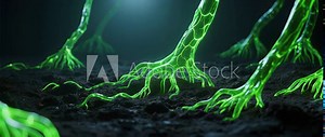 Futuristic Green Organic Structures Growing from Dark Soil, Macro View of Bio-Technology, Roots, and Sustainable Concepts