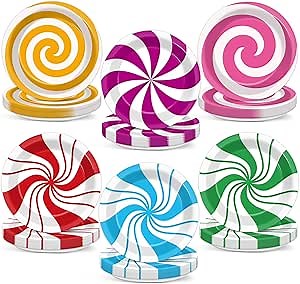 Lonfliness 60PCS Peppermint Candy Cane Paper Plates 7in Colorful Lollipop Candy Themed Disposable Paper Dessert Dinner Plates for Sweet Shop Holiday Baby Shower Birthday Party Favors Supplies