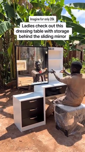 Bach furniture on Instagram: "This stylish dressing table is designed for ladies who love beauty, organization, and convenience. It features a large sliding mirror that smoothly moves to reveal hidden storage shelves at the back—perfect for keeping your perfumes, makeup, skincare, and personal items neatly arranged. The base comes with a double-drawer cabinet finished in a sleek black-and-white design, giving you even more space for accessories and cosmetics. The wide tabletop provides enough ro