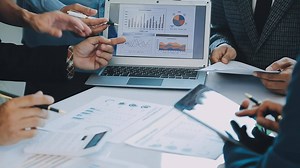 Download Team of business people working together in the meeting room office, teamwork background charts and graphs banner, double exposure successful teamwork,business planning concept. for free