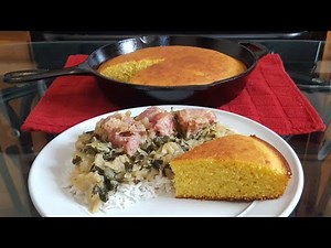 Smothered Cabbage mixed with Collard Greens and Cast Iron Skillet Cornbread