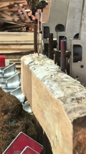 This is a large piece of wood that is being cut using a large cutting machine