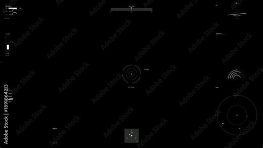 HUD military interface displays data and metrics for science fiction production in a dark environment