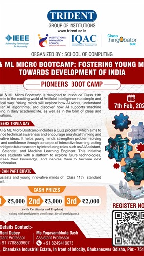 Trident Hackathon Club on Instagram: "🚀 TECH CONCLAVE ON AI & ML AI and ML Applications in India’s Defence & Development Sectors 🇮🇳 📅 7th February 2026 🏫 Organized by: School of Computing, Trident Academy of Technology Step into the future of Artificial Intelligence and Machine Learning as experts explore how these powerful technologies are transforming India’s defence systems and national development. 🎯 This conclave brings together: ✔ Leading academicians ✔ Industry experts ✔ Defence sec