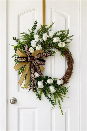 Greenery White Rose Wreath With Leopard Print Bow – Farmhouse Everyday Decor - Etsy
