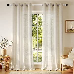 Anmao Flax Linen Curtains for Living Room 96 Inch Length 2 Panels Set, Light Filtering Sheer Window Curtain Drapes for Bedroom with Nickel Grommet, 52 Inch Wide Each Panel, Natural Color