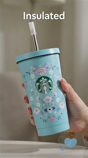 Starbucks Inspired Floral Stainless Steel Tumbler 🌸💙