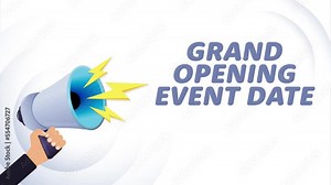 Hand hold megaphone. Grand opening event date, realistic 3d megaphone, loudspeaker with lightning. Symbols speaker, social media, advertising and promotion. 4K video animation