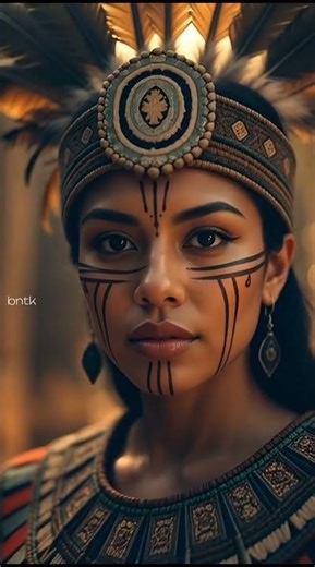 A young Aztec woman in ceremonial attire stands in an ancient temple ruin during golden hour.