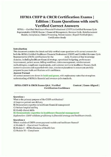 Latest HFMA CHFP CRCR Certification Exams Edition Verified Exam Questions with Correct Answers for D