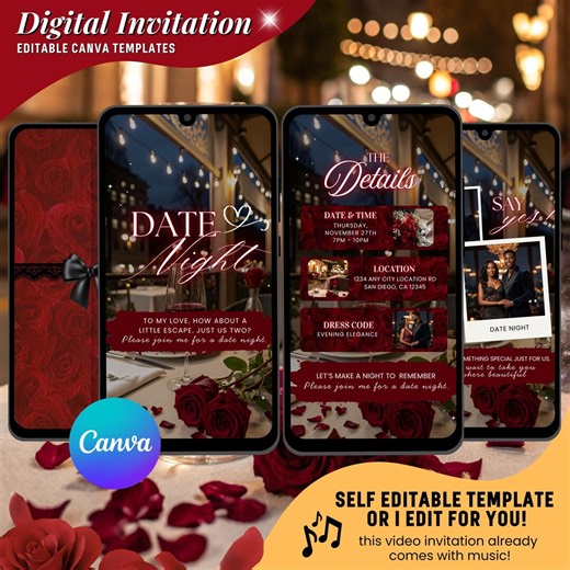 Elegant Date Night Video Invitation, Editable Romantic Couple Dinner Date Invitation, Proposal Dinner Evite, Anniversary Date Night Evites - Etsy