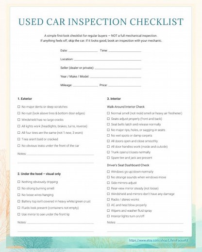 Used Car Inspection Checklist • Printable & Fillable Worksheet (PDF) - Etsy