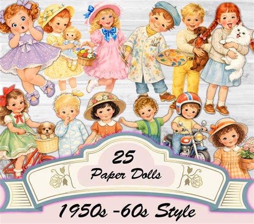 Printable Paper Dolls 1950s /70s Style – 27 Retro Characters for Journaling and Scrapbooking - Etsy México