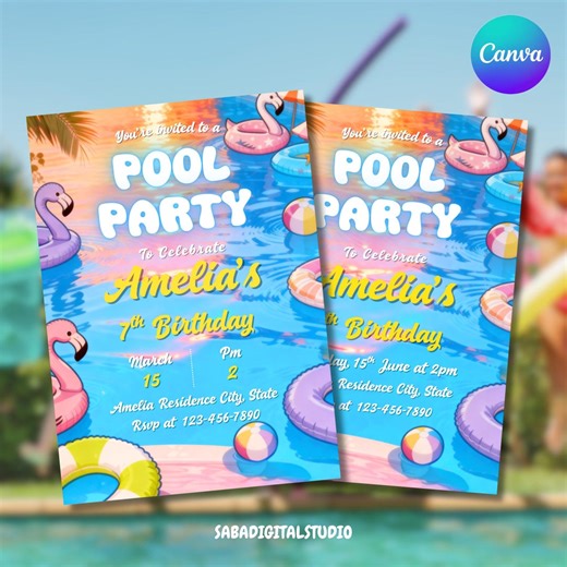 Pool Party Birthday Invitation | Editable Swim Party Invite | Summer Pool Birthday | Printable Digital Template | Pool Party Invite - Etsy