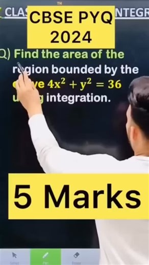 Shivang Gupta on Instagram: "CBSE PYQ 2024 Q) Find the area of the region bounded by the curve 𝟒𝐱^𝟐+𝐲^𝟐=𝟑𝟔 using integration. #cbse #maths #cbse2026 #cbse2024 #integration cbse maths cbse2026 Application of integral CBSE pyq 2024 cbse2024 CBSE2025 cbse integration cbse2024 CBSE2025 cbse integration cbse2024 CBSE2025 cbsepyq2024 integration CBSE 2026 Integration PYQ maths integration 2026 Integration PYQ 2025 MathsClass 12 maths cbse CBSE PYQ 2025 Integration class 12 cbse2026 maths cbse c