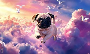 Flying pug soaring through colorful clouds with ai generated.