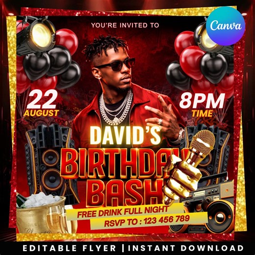 Birthday Party Flyer Canva Template, Men’s Birthday Event Flyer, Editable Social Media Poster, DIY Text, Instant Download - Etsy