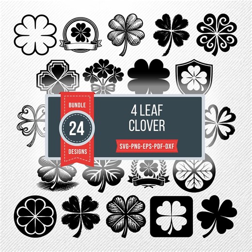 4 Leaf Clover SVG Bundle | 24 Clipart PNG Eps PDF Dxf | Vintage Silhouette Vector Illustrations - Etsy