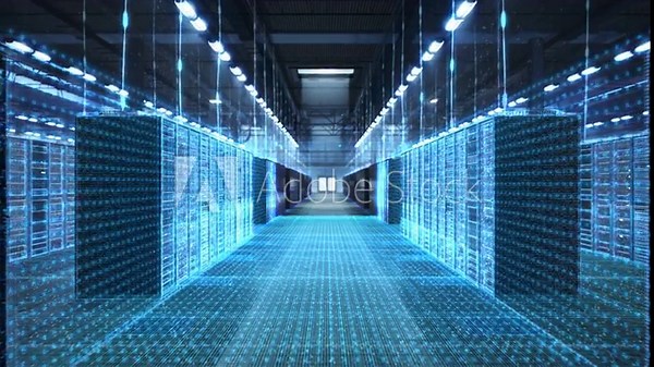 Hyperscale Data Center Corridor as Holographic Grids, Fiber Streams, Digital Particles Animate Server Racks, Data Processing, Cybersecurity Monitoring, Network Infrastructure Analytics.