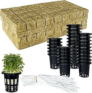 72 Pcs 1.2-Inch Rockwool Cubes with Net Cups and Self-Watering Cord for Hydroponics Great Hydroponic Kit for Cuttings Clone Plant Propagation Seed Starting Soilless Cultivation