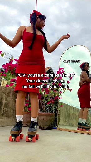 Skater approaved dress 😍🥵 I love how this makes me more curvey! 🤭 Falling is inevitable just keep slaying and don’t let the fall bother your vibe. #rollerskater #skatefall #carelesswhisper #reddress