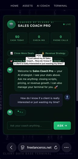 POV: I asked my AI Sales Coach the question every freelancer & salesman thinks but never says out loud…🗣️ “How do I know if a client is actually interested… or just wasting my time?” Turns out there are signs. Make your business better today by onboarding your AI Sales Coach. Sign up today! 📱💻 www.freelanceros.net #ai #sales #freelance