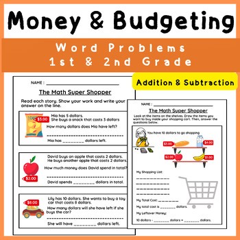 Money Math Word Problems NO PREP Grades 1-2 Addition Subtraction Financial