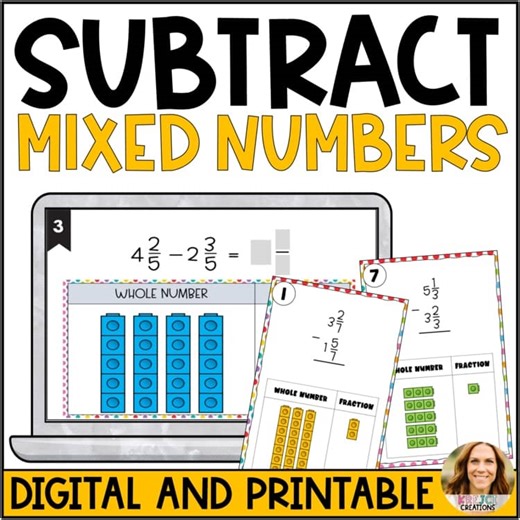 Subtract Mixed Numbers with Regrouping using Visual Models Task Cards - 4th