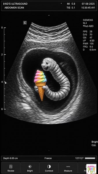fake ultrasound scan on kids stomach/ catterpillar on stomach/ worms in kids stomach