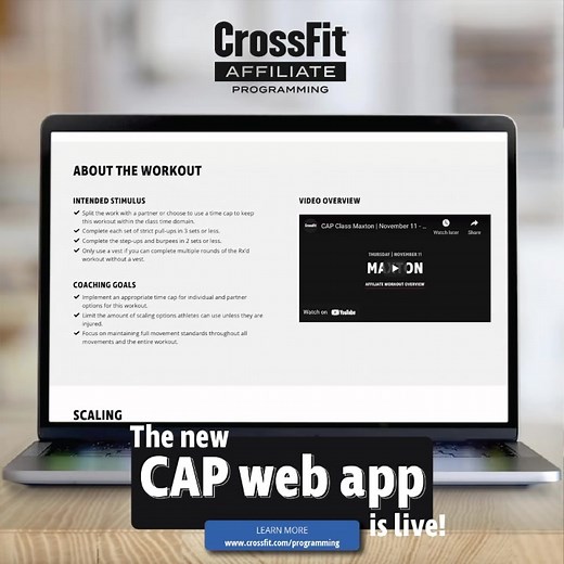 The new CAP web app is here! Coaching resources, programming, videos, monthly focus, and more —all in an easy-to-access and view format. If you’re an affiliate owner and haven’t had a chance to check out CAP yet, head over to https://www.crossfit.com/programming to get started! Email programming@crossfit.com with questions. #crossfit | CrossFit
