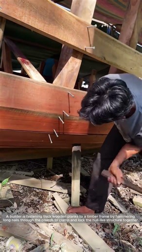 Driving Long Nails to Lock Timber Planks Into a Heavy Frame