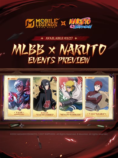 Starting 03/27, the MLBB × NARUTO collab series events will be officially online! The bonuses are absolutely top-tier. We suggest saving this post first! 👇 Participate in the [MLBB × NARUTO Skin Draw] event for a chance to get these new exclusive skins: Gusion
