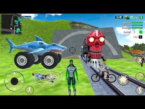 Rope Frog Ninja Hero Strange Gangster - Shark Monster Truck and Train Station - Android Gameplay