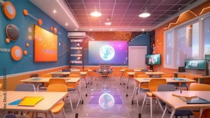 Classroom setting with bright blue walls and vibrant orange chairs. Modern design for an engaging learning environment, Designing a futuristic classroom environment focused on STEM subjects