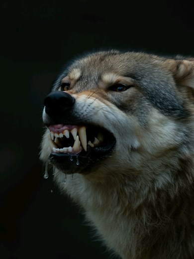 Wolf's head in side profile, captured with dramatic lighting against a dark black background. The wolf's mouth is closed in an aggressive snarl, revealing sharp white teeth with the lips pulled back to expose the canine and premolars. Drool drips from the closed jaws, falling toward the bottom of the frame. The wolf's fur is a rich gray color with darker markings along the muzzle and around the eyes. The lighting creates strong contrasts, highlighting the texture of the wolf's fur and the intens
