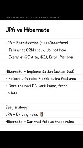 Lydia✨ on Instagram: "Day 15 of 30 - Learning Java JPA vs Hibernate — sounds confusing? Think of it this way 👇 📜 JPA = rules ⚙️ Hibernate = engine Code with standards, power it with performance. That’s how real-world Java apps are built. Save this for interviews. Share with a Java buddy. Follow for more 🚀 #Java #JavaDeveloper #SpringBoot #JPA #Hibernate [BackendDevelopment, SoftwareEngineer, CodingLife, TechCareers, ProgrammingTips, JavaInterview, FullStackDeveloper, Microservices, CleanCode,