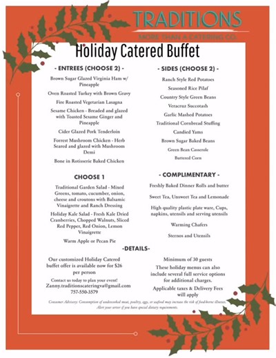 43 reactions | ‘Tis the season to EAT, drink, and be catered! 壟 Our Holiday Menu is live — packed with comfort food favorites and festive treats that’ll make your guests jingle all the way.  Book your holiday event today before the calendar fills up! #HolidayEats #CateringSeason #FestiveFood #PartyPerfect | Traditions Catering and Events | Facebook