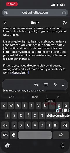 Derrick, some of us just know how to use an em dash. Maybe you should learn how to use it, too 👀 #emailsicantsend #corporatehumor #emailtips #officehumor #satire