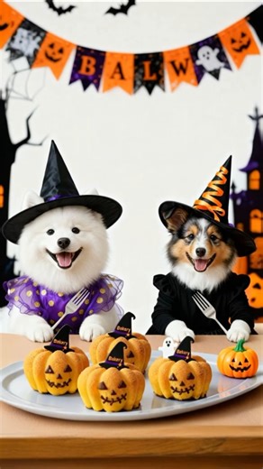 【ハロウィン】魔女に変身した子犬2匹🎃かぼちゃケーキでパーティー🧙‍♀️✨