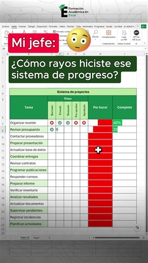 Sistema de progreso de proyectos en Excel con botones en lista