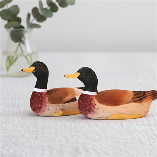 Hand Carved Wooden Duck Pair, Mallard Figurines, Minimal Rustic Bird Decor, Handmade Wood Animal Set, Shelf Desk Nursery Gift - Etsy