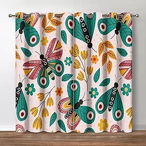 Jekeno Butterfly Blackout Curtains, Cartoon Insect Flower Decor, World of Animation Jungle Floral Printing Design Grommet Window Drapes for Bedroom Living Room, 52 Wide 84 Long inches 2 Panels