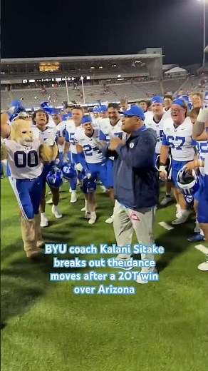 BYU coach Kalani Sitake breaks out some dance moves after the win over Arizona