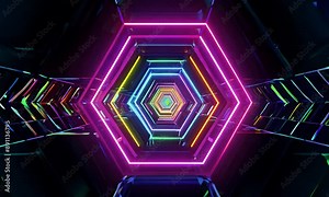 Vibrant neon lights forming a hexagon tunnel, creating a futuristic and immersive visual experience with glowing colors Stock Video