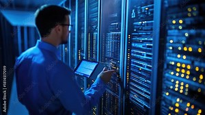 Video A person working on a computer in a data center or server room, with equipment and machinery in the background