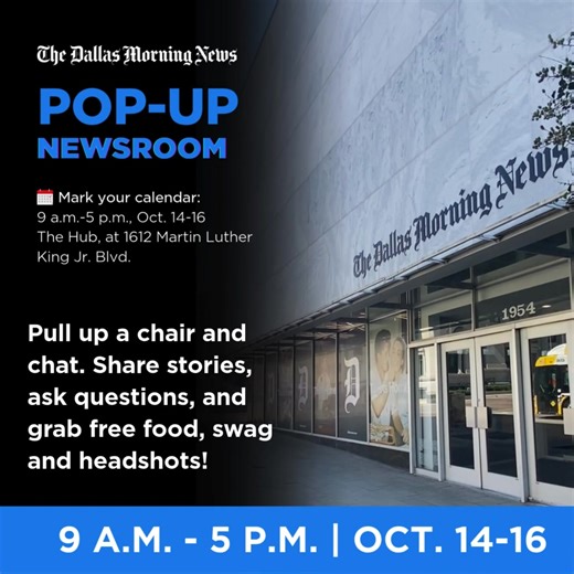 Our pop-up newsroom is in full swing, and it's not too late to join us. You have one more day to swing by The Hub and learn about what we do, share your ideas and thoughts on our coverage and snag some free food and merch. More: https://bit.ly/47iwNJo?utm_medium=social&utm_source=facebook_The_Dallas_Morning_News | The Dallas Morning News