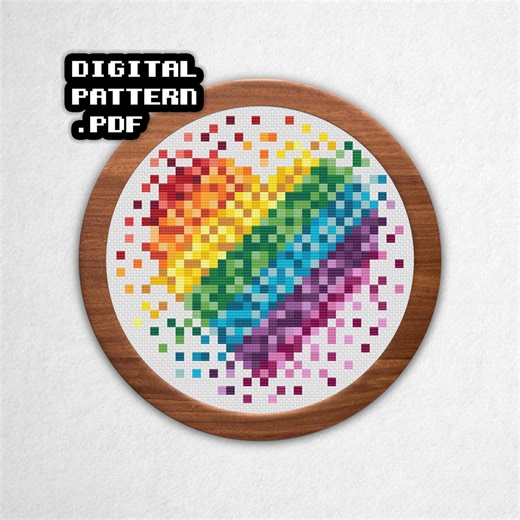 Block Heart - Cross Stitch Pattern PDF Round Frame, Abstract Rainbow Geometric Style Counted Crossstitch - Etsy