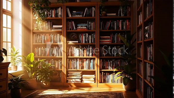 Sunlit Library Bookcase Zoom Background Peaceful Study Room Video, Generative AI