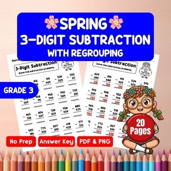 3-Digit Subtraction With Regrouping Worksheets Spring | 3rd Grade Math Borrowing